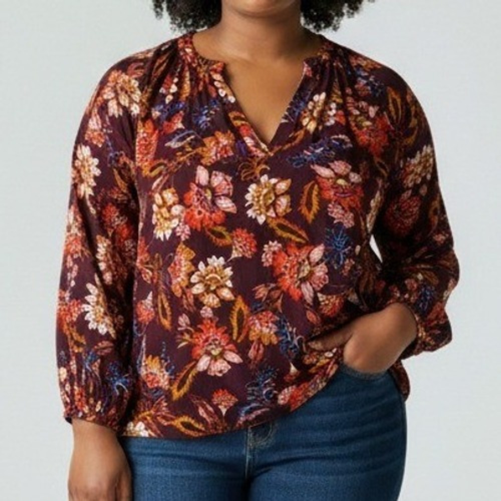 Old Navy Women Top Burgundy XL Floral Split Neck Blouse Peasant Boho Lightweight